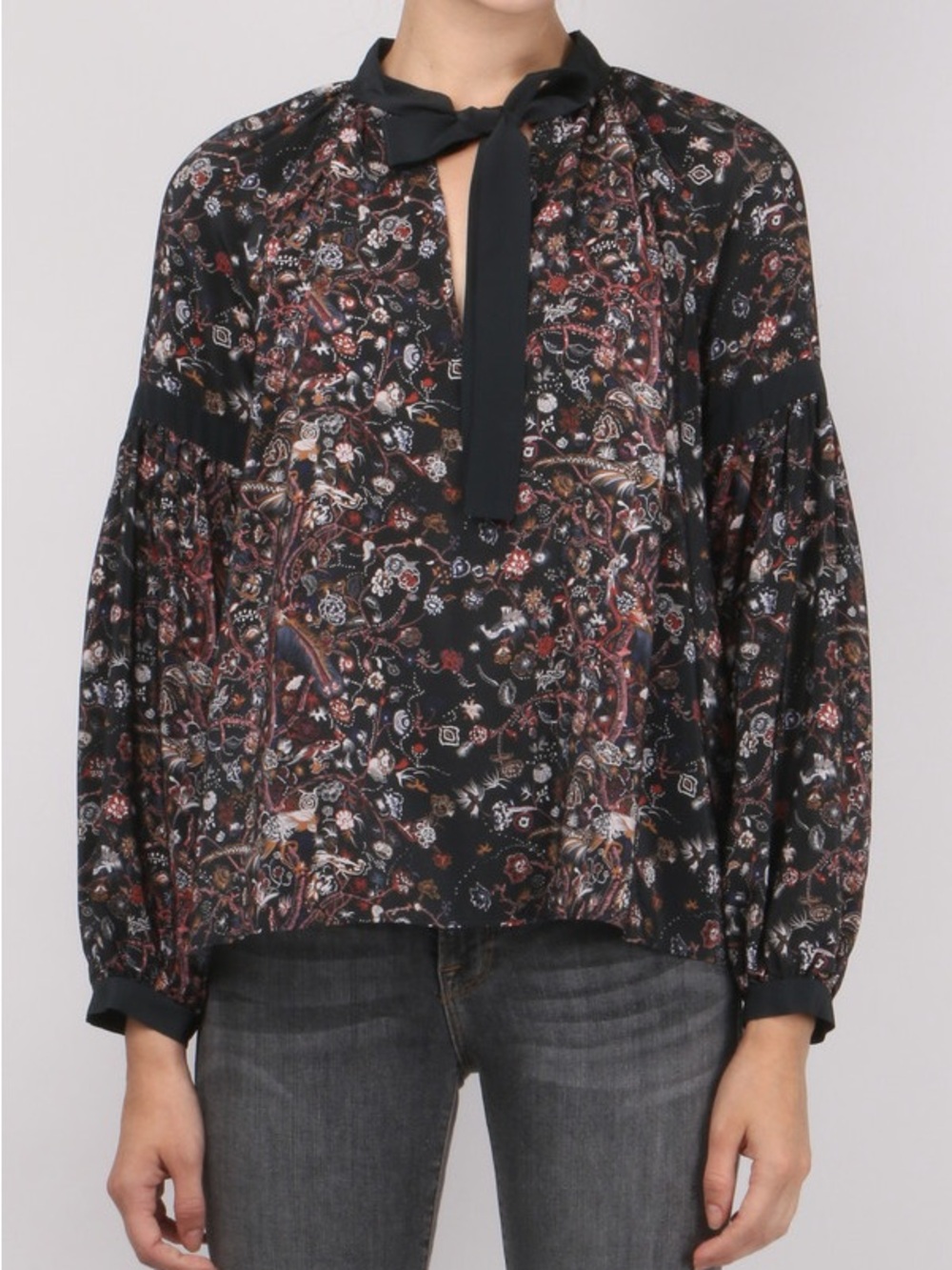 Ulla Johnson Etienne Silk Blouse Size 2 Black Floral Tie Neck EUC